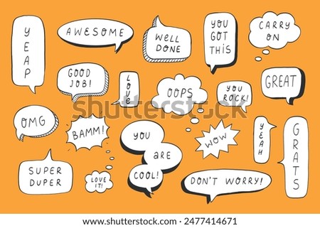 Speech bubbles doodles collection for stickers, prints, planners, stationary, clip art. speech balloons with motivational quotes. EPS 10