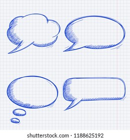 Speech bubbles. Doodles set on lined paper background. Vector illustration