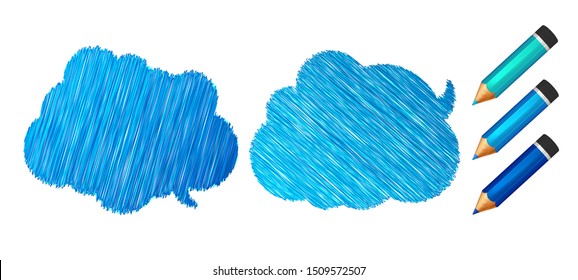 Speech bubbles draw pencils. Hand drawn doodles banners with place for quotes on white background. Two blue sketch clouds, lines stroke and scribble. Vector illustration