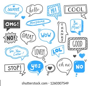 Speech bubbles drawn by hand - doodles. Dialog words, conversation phrases.