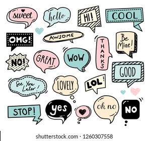 Speech bubbles drawn by hand - doodles. Dialog words, conversation phrases.