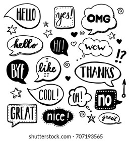 Speech bubbles drawn by hand - doodles. Dialog words, conversation phrases.