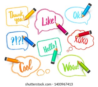 Speech bubbles drawn with pencil. Set of multicolored doodle banners with short messages. Sketch clouds with quotes, colors scrawl of crayon