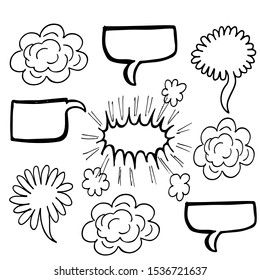 Speech bubbles dry paint brushstrokes set. Chat boxes grunge ink pen collection. Text clouds, balloons doodle freehand cliparts. Isolated black sketch drawings. Decorative design elements.