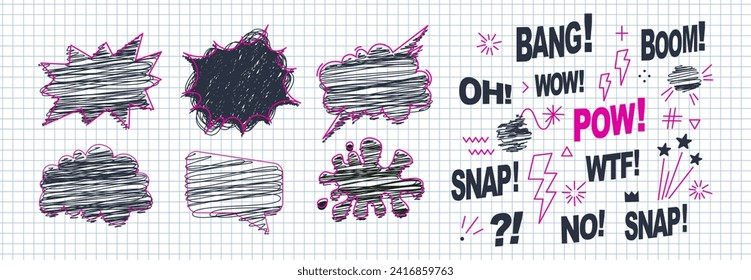 Speech bubbles, effects set hand-drawn with a pen in a check notebook. Doodle anime icons. Comic text sound effects. Banner, poster, sticker concept. Anime manga funny style text Boom, Pow, Bang, Snap svg