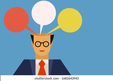 Speech bubbles emerges out from a businessman's head