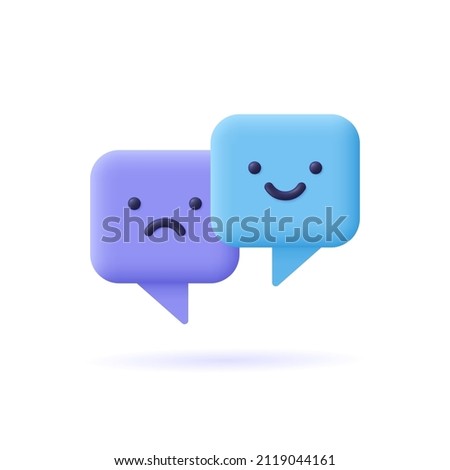 Speech bubbles with emoticons. 3d vector icon. Happy and sad facial symbols, emojis. Cartoon minimal style.