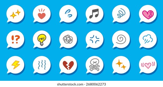 Speech bubbles and emotion icons. Cute doodle decorative set. Hand drawn frame illustration. Emphasis, hearts, glitter.