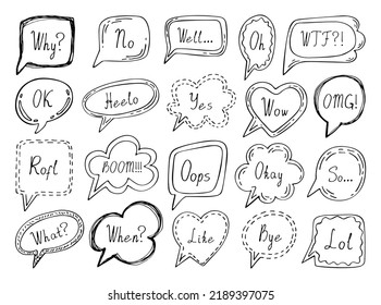 Speech bubbles emotion words. Highlight round covers social media stories. Vector elements leave copy space for blog, labels, postcards. Minimal background.