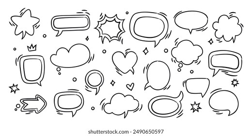 Speech bubbles. Empty comic dialog boxes. Hand drawn text places. Funny doodle style. Various outline shapes. Communication windows. Dialogue stickers. Thinking clouds