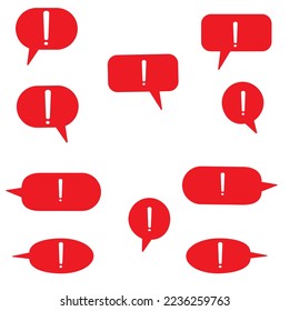 Speech bubbles with exclamation mark. Red attention signs icons. Hazard warning symbols. Vector illustration in flat style.