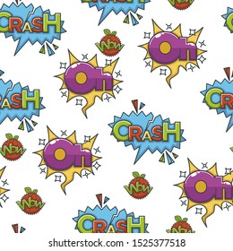 Burbujas de voz con exclamación chocan, wow y oh como de los cómics de superhéroes, nubes de chat en diferentes colores, patrón sin fisuras ilustración de vector plano colorido sobre fondo blanco