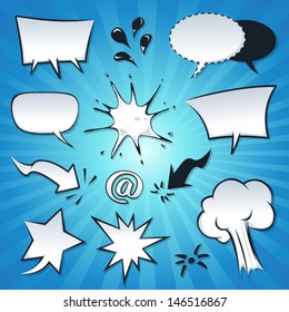 Speech Bubbles, Explosion And Splashes Set/ Illustration of a set of cartoon pop comic speech bubbles, explosion, splashes, spray and design elements