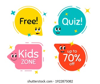 Speech Bubbles With Face Emotions. Smile Face, Surprised And Interested Character Emotions. Kids Zone, Quiz And Free Bubble Tags. Vector Illustration For Kids. Cute Funny Characters. Discounts Sticker