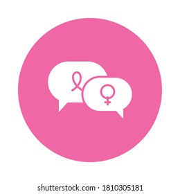 speech bubbles with female gender symbol and breast cancer ribbon icon over white background, block style, vector illustration
