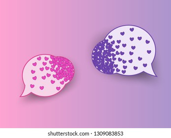 Speech bubbles filled with hearts that stretch to each other. Chats of various forms for adding text and expressing feelings. Vector illustration.