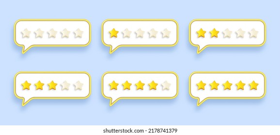 Burbujas de discursos con cinco estrellas de clasificación. Comentarios de los clientes con calificación de calidad. Concepto de revisiones positivas y negativas de los usuarios. Ilustración del vector 3d