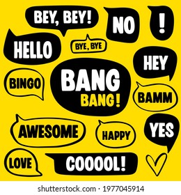 Speech bubbles in flat style. Dialogue words, conversational phrases.