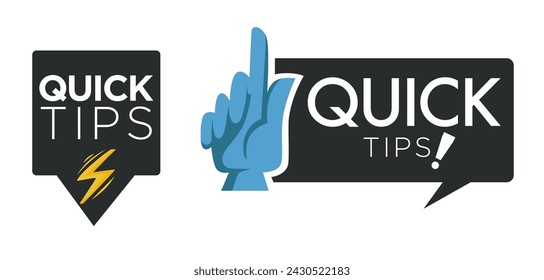 Speech bubbles in form of rectangle and square with hand with pointing finger up, exclamation mark and lightning bolt. Quick tips sticker design template. Advices and suggestions. Vector in flat style