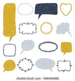 Speech bubbles and frames. Vector set. Freehand drawing.