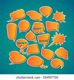 Speech bubbles. Funny and bright orange color cartoon style for your design. Vector set.