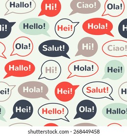 Speech bubbles with greetings in different languages: english, french, german, italian, spanish, norwegian, danish. Colorful seamless vector pattern. Flat design.