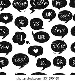 Speech bubbles. Grunge seamless pattern. Vector illustration, eps10. Hi, lol, ok, love, yes, no, bye, cool text texture. Easy to edit background.