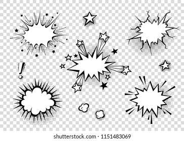 El discurso burbuja con sombras de medio tono en caricatura, estilo cómico. Globos de diálogo. Plantilla vectorial para medios sociales, banderas de venta.