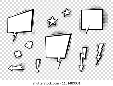 Speech bubbles with halftone shadows in cartoon, comic style. Dialogue balloons. Vector template for social media, sale banners.