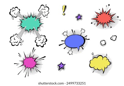 Speech bubbles with halftone shadows in cartoon, comic style. Dialogue balloons. Vector template for social media, sale banners.