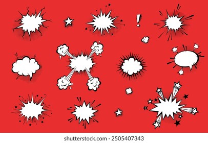 Speech bubbles with halftone shadows in cartoon, comic style. Dialogue balloons. Vector template for social media, sale banners.