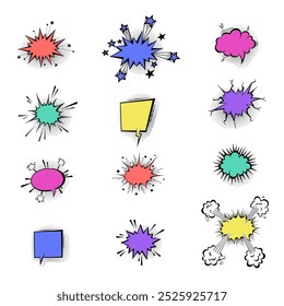 Burbujas de discurso con sombras de semitonos en dibujos animados, estilo cómico. Globos de diálogo. Plantilla de Vector para redes sociales, Anuncios de venta.