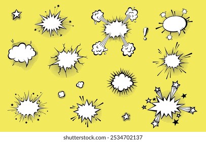 Speech bubbles with halftone shadows in cartoon, comic style. Dialogue balloons. Vector template for social media, sale banners.