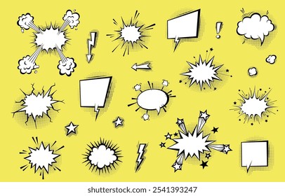 Burbujas de discurso con sombras de semitonos en dibujos animados, estilo cómico. Globos de diálogo. Plantilla de Vector para redes sociales, Anuncios de venta.