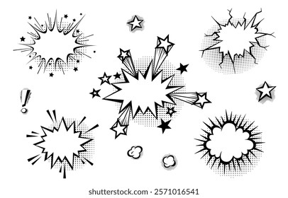 Speech bubbles with halftone shadows in cartoon, comic style. Dialogue balloons. Vector template for social media, sale banners.