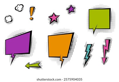 Speech bubbles with halftone shadows in cartoon, comic style. Dialogue balloons. Vector template for social media, sale banners.