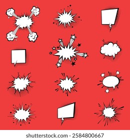 Speech bubbles with halftone shadows in cartoon, comic style. Dialogue balloons. Vector template for social media, sale banners.