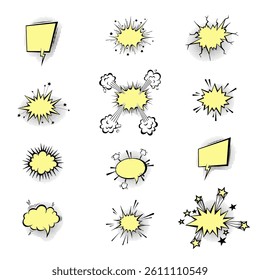 Speech bubbles with halftone shadows in cartoon, comic style. Dialogue balloons. Vector template for social media, sale banners.
