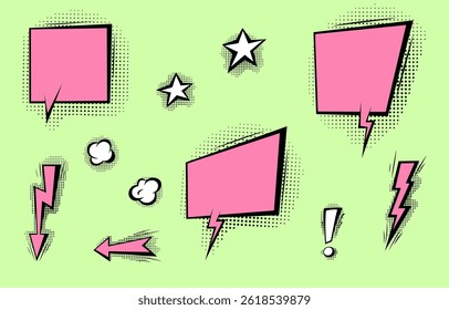 Speech bubbles with halftone shadows in cartoon, comic style. Dialogue balloons. Vector template for social media, sale banners.