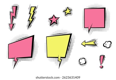 Bolhas de fala com sombras de meio-tom em desenhos animados, estilo cômico. Balões de diálogo. Modelo de vetor para mídias sociais, banners de venda.