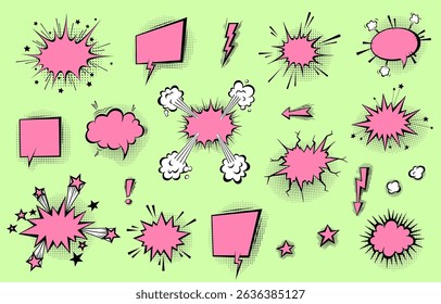 Speech bubbles with halftone shadows in cartoon, comic style. Dialogue balloons. Vector template for social media, sale banners.
