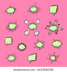 Speech bubbles with halftone shadows in cartoon, comic style. Dialogue balloons. Vector template for social media, sale banners.