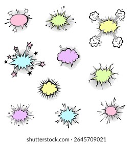 Speech bubbles with halftone shadows in cartoon, comic style. Dialogue balloons. Vector template for social media, sale banners.