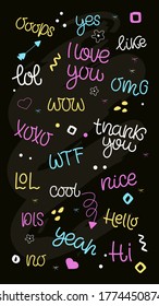 SPEECH BUBBLES hand draw set of Colorful bubble talk phrases dialog words. Online chat clouds with different words comments information shapes. Vector illustration.

