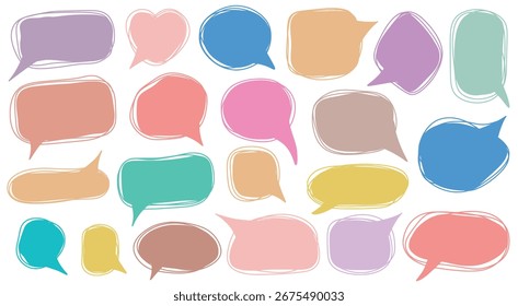 Conjunto de doodle dibujado a mano de burbujas de discurso. Vacíe diferentes formularios para el texto. Paquete de cuadro de diálogo, signos de colores, Elementos de Vector