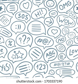 Speech bubbles hand drawn seamless pattern. Speech bubbles sketch drawing endless texture with different signs and symbols. Part of set.
