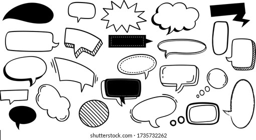 Burbujas de discursos. Dibujar elementos de dibujos animados de diseño a la moda. Etiquetas de comunicación. Dibujo vectorial doodle banners de texto negro conjunto nubes de comunicación, pegatina de historietas