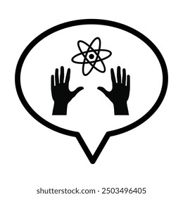 Speech bubbles, hands and atom icon in grey scale isolated on white background.