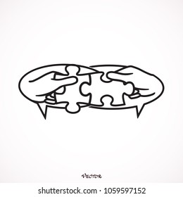 speech bubbles hands putting puzzle pieces. Teamwork business concept