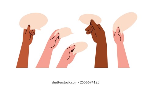 Speech bubbles in hands set. Holding blank papers for message, chat. Sharing opinions, ideas with empty communication and feedback cards. Flat vector illustration isolated on white background